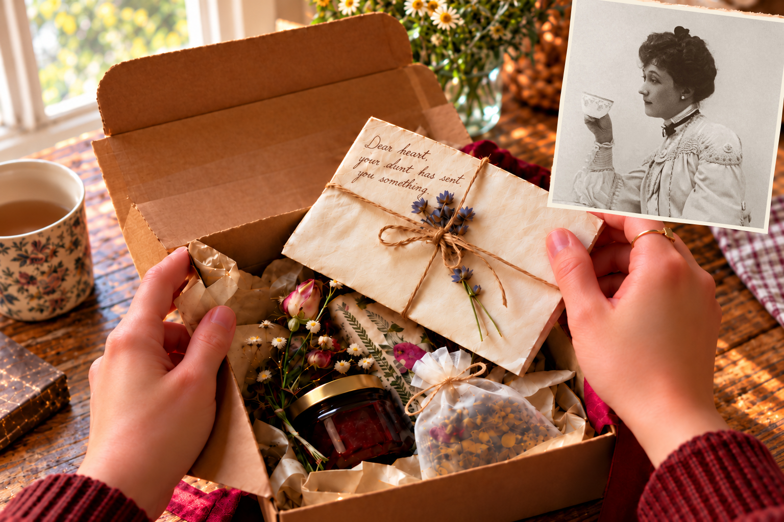 Hands opening a care package and lifting an envelope tied with twine and flowers