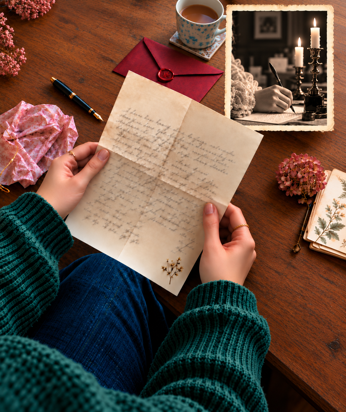 Hands holding a personal letter over a wooden desk with a wax-sealed envelope and teacup