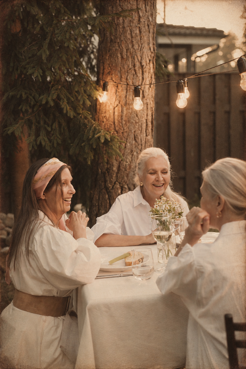 Three women of different generations laughing together around an outdoor table, with a warm vintage photographic finish