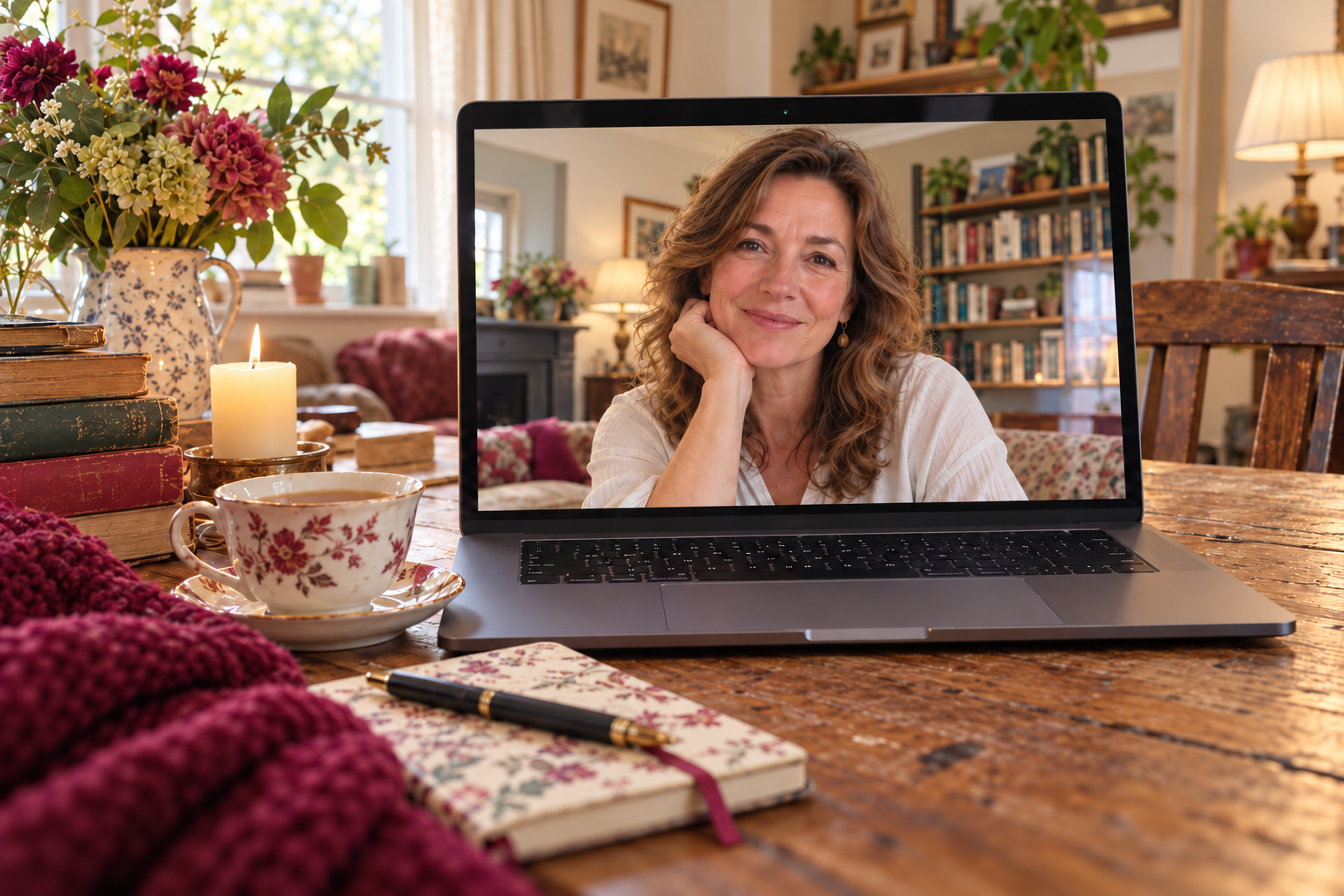 A laptop showing a smiling woman on video call beside a teacup and books in a cosy home